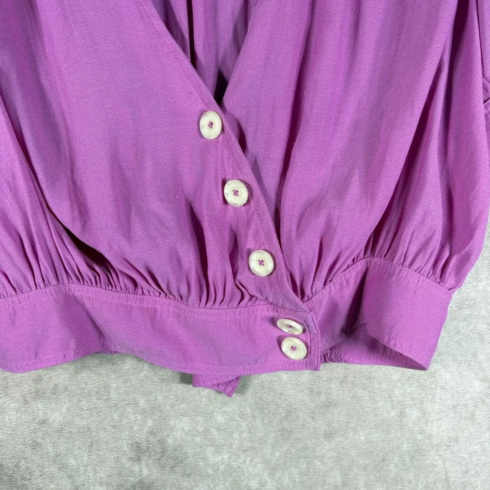 Free People Blouse Womens M Pink Magenta‎ Puff Sleeve Button Front Crop Top Boho
